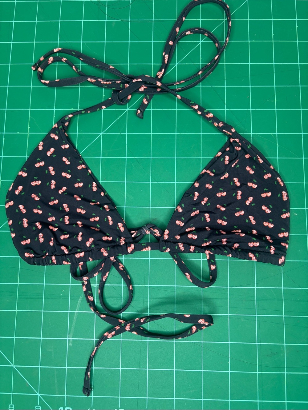Full Send Women’s Cherry-Print Triangle Bikini Top in Black Branded Front Logo